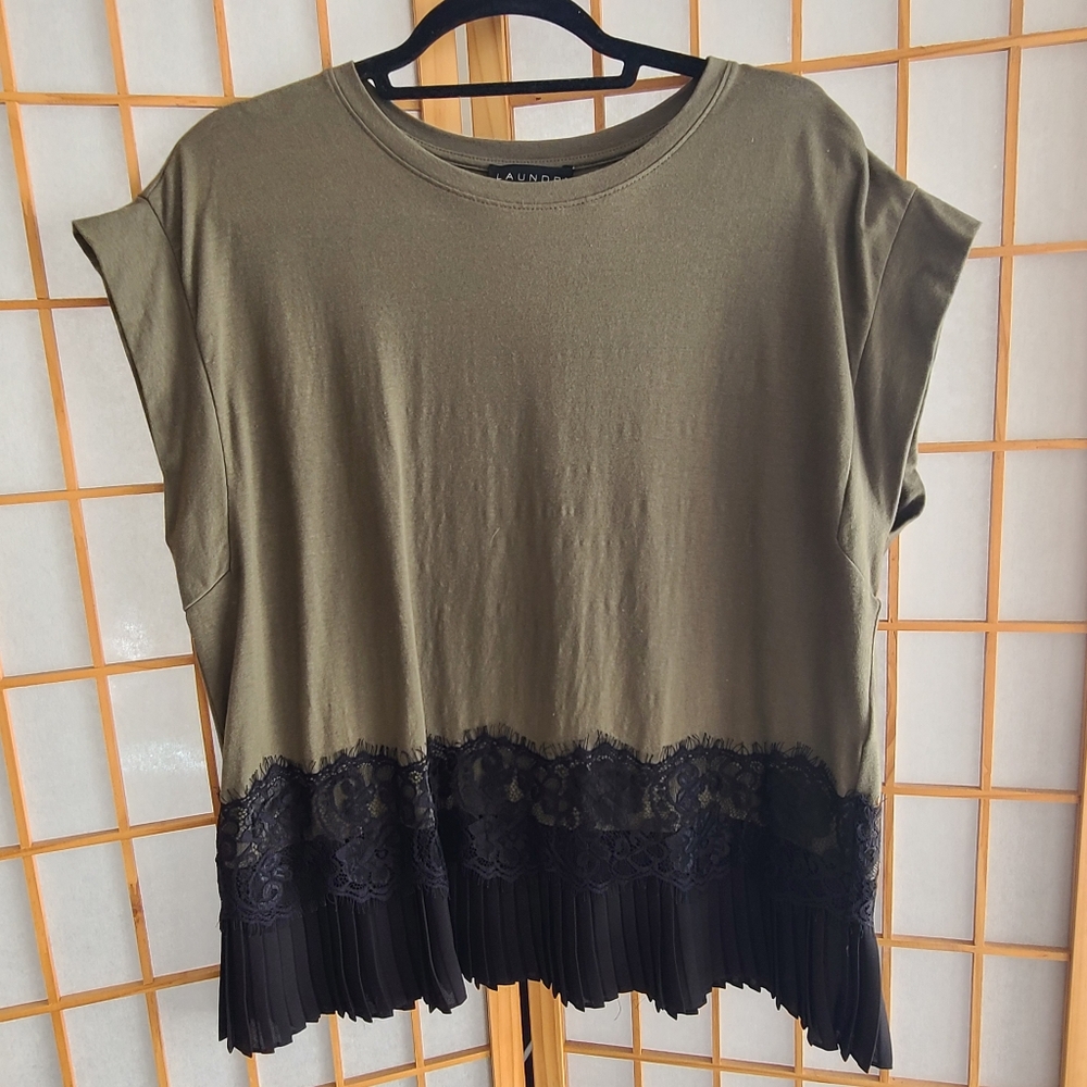 Olive Green Top with Black Lace Trim